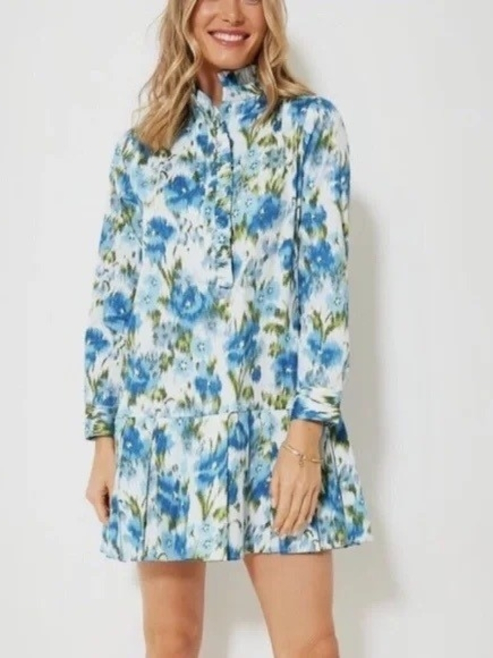 Tuckernuck Floral Blue Green Floral Pleated Button Down Dress